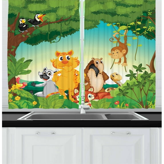 Zoo Curtains 2 Panels Set, Forest Scene with Different Animals Habitat Jungle Tropical Environment Kids Cartoon, Window Drapes for Living Room Bedroom, 55W X 39L Inches, Multicolor, by Ambesonne