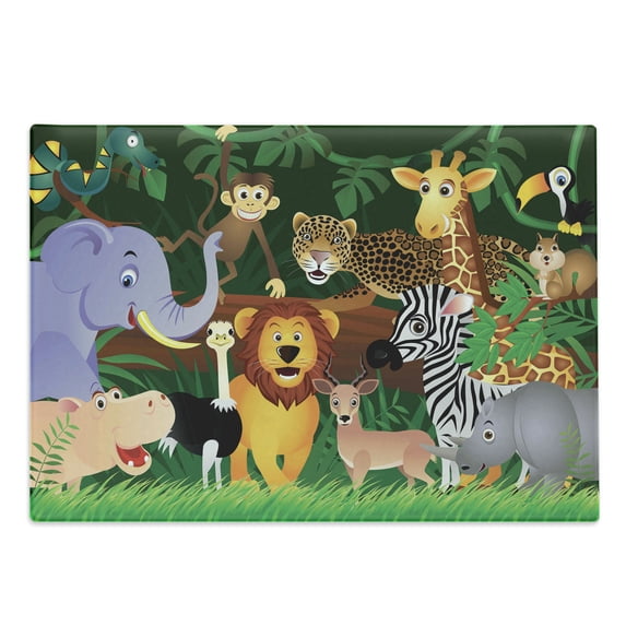 Zoo Cutting Board, Animals in the Jungle Funny Expressions Exotic Comic Cheer Natural Habitat Illustration, Decorative Tempered Glass Cutting and Serving Board, Large Size, Multicolor, by Ambesonne