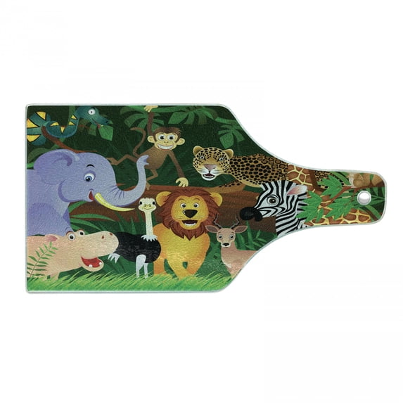 Zoo Cutting Board, Animals in the Jungle Funny Expressions Exotic Comic Cheer Natural Habitat Illustration, Tempered Glass Cutting and Serving Board, Wine Bottle Shape, Multicolor, by Ambesonne