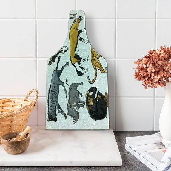 Zoo Cutting Board, Arrangement of Cartoon Style Wild Animals of Africa Fauna Habitat Savannah Wilderness, Tempered Glass Cutting and Serving Board, Wine Bottle Shape, Multicolor, by Ambesonne