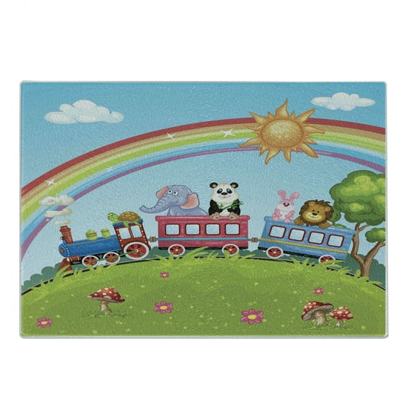 Zoo Cutting Board, Colorful Cartoon Animal Train Rainbow Sun Sky Mushrooms Flowers Tree Playful Funny, Decorative Tempered Glass Cutting and Serving Board, Small Size, Multicolor, by Ambesonne