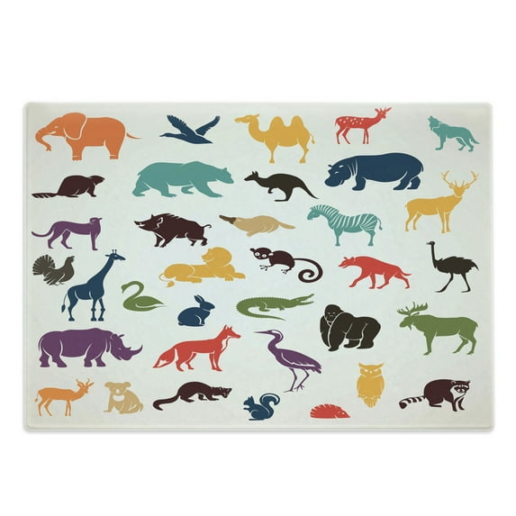 Zoo Cutting Board, European Animal Silhouettes in Cartoon Style Safari Wildlife Zoo Theme, Decorative Tempered Glass Cutting and Serving Board, Large Size, Multicolor, by Ambesonne