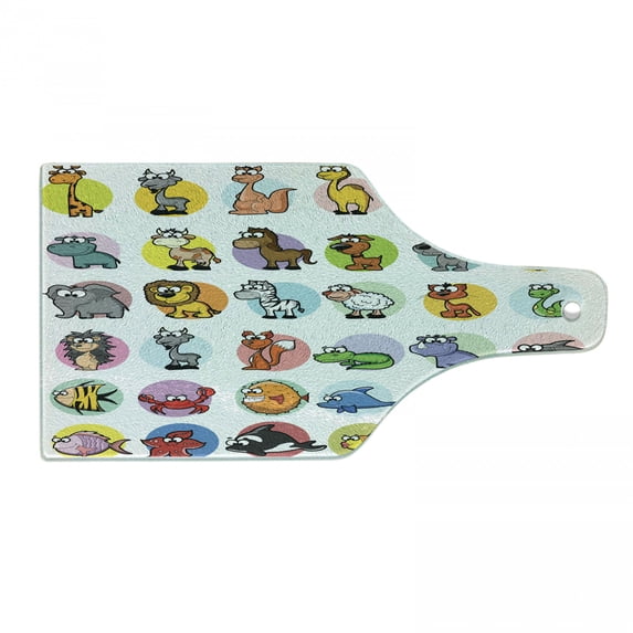 Zoo Cutting Board, Funny Cartoon Style Animals Set Colorful Dots Doodle Jungle Life Room Design, Decorative Tempered Glass Cutting and Serving Board, Wine Bottle Shape, Multicolor, by Ambesonne