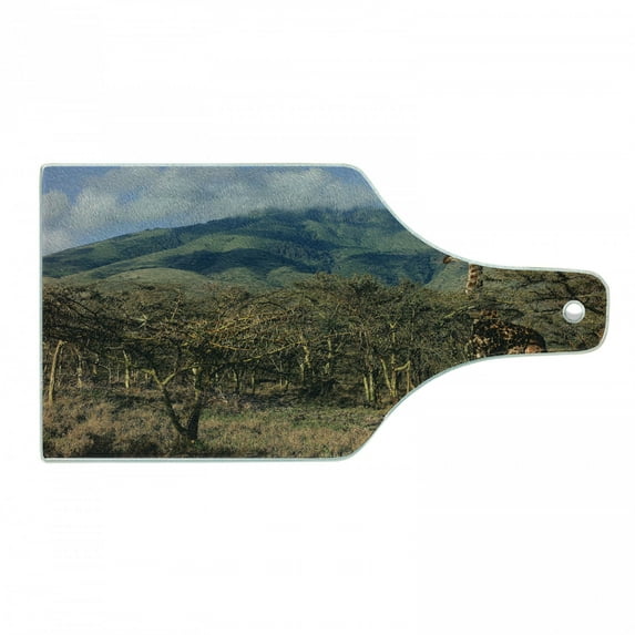 Zoo Cutting Board, Giraffe Among Trees Prickly Plant Grazing Mountain Africa Safari Savanna, Tempered Glass Cutting and Serving Board, Wine Bottle Shape, Pale Brown Green and Blue, by Ambesonne
