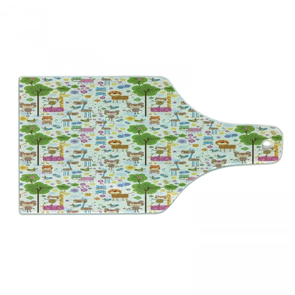 Zoo Cutting Board, Happy Friendly Jungle Animals Giraffe Monkey and Butterfly Trees Flowers Zoo Nature, Tempered Glass Cutting and Serving Board, Wine Bottle Shape, Multicolor, by Ambesonne