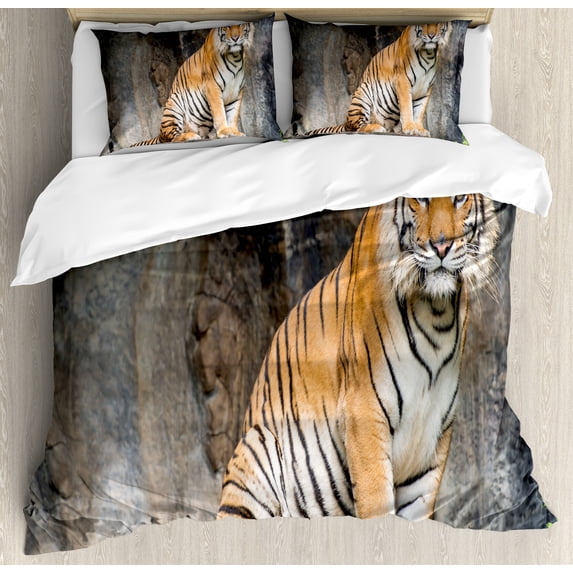 Zoo Duvet Cover Set, Bengal Tiger Feline Predator Aggressive Hunter Carnivore Africa Savannah, Decorative 3 Piece Bedding Set with 2 Pillow Shams, Queen Size, Pale Brown White Black, by Ambesonne
