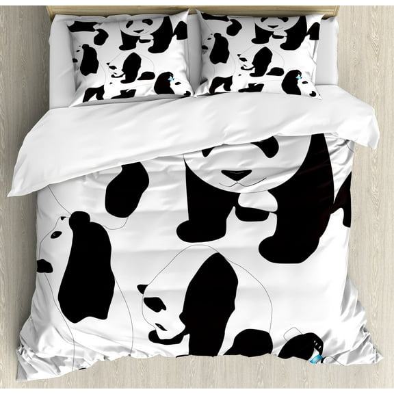 Zoo Duvet Cover Set, Drawing of Pandas Milk Bottle Fly Animal Mammal, Decorative 3 Piece Bedding Set with 2 Pillow Shams, King Size, Charcoal Grey White, by Ambesonne