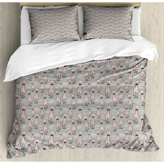 Zoo Duvet Cover Set, Giraffes in Bowtie Posing Exotic Animals in Scandinavian Doodle, Decorative 3 Piece Bedding Set with 2 Pillow Shams, Calking Size, Dust Rose Charcoal Grey, by Ambesonne