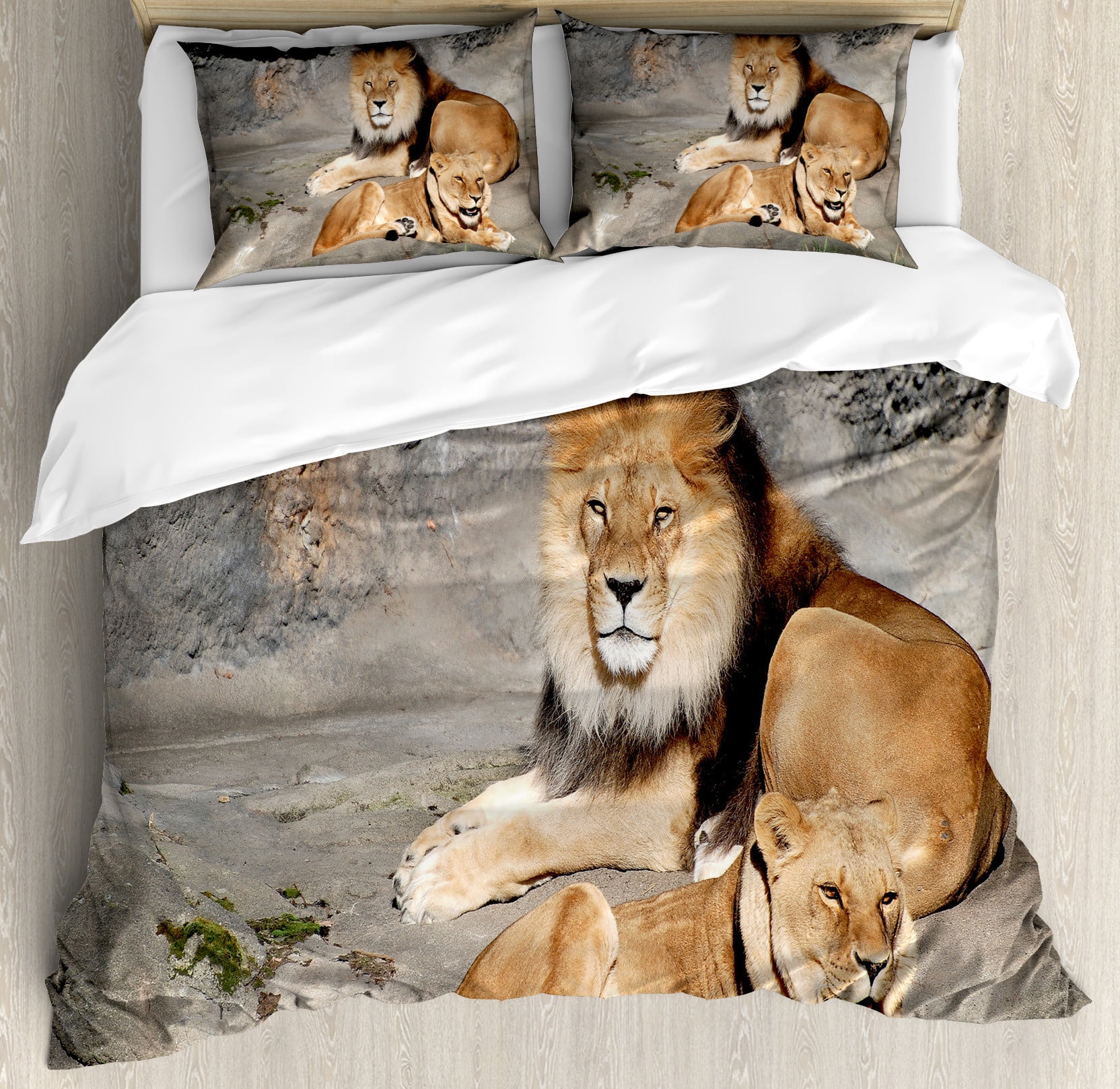 Zoo Duvet Cover Set, Male and Female Lions Basking in the Sun Wild