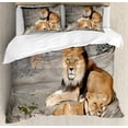 thumbnail image 1 of Zoo Duvet Cover Set, Male and Female Lions Basking in the Sun Wild Cats Habitat King of Jungle, Decorative 3 Piece Bedding Set with 2 Pillow Shams, King Size, Pale Brown Grey Yellow, by Ambesonne, 1 of 3