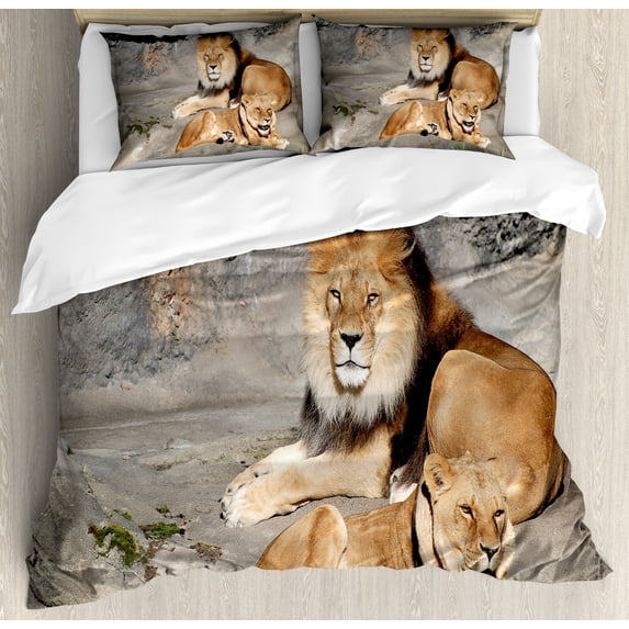 Zoo Duvet Cover Set, Male and Female Lions Basking in the Sun Wild Cats Habitat King of Jungle, Decorative 3 Piece Bedding Set with 2 Pillow Shams, King Size, Pale Brown Grey Yellow, by Ambesonne