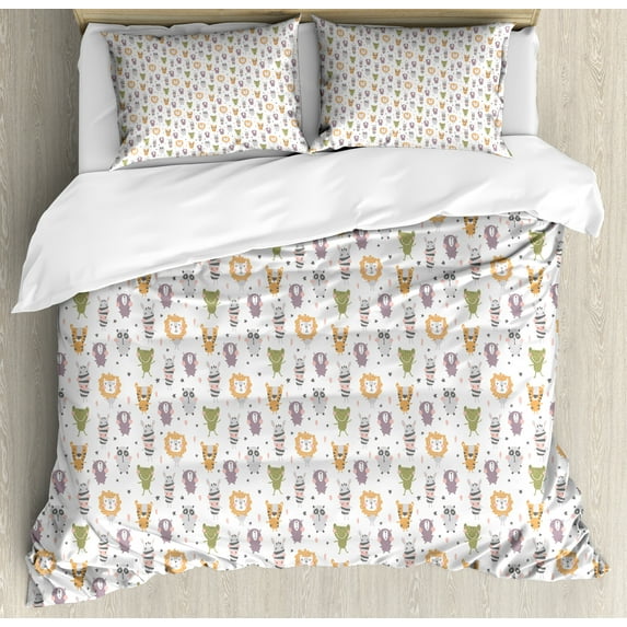 Zoo Duvet Cover Set, Pastel Colorful Savannah Lion Giraffe Zebra Hippo Bear Animal Scandinavian Style, Decorative 3 Piece Bedding Set with 2 Pillow Shams, King Size, Multicolor, by Ambesonne