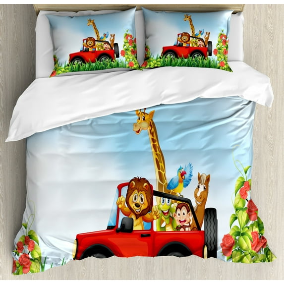 Zoo Duvet Cover Set Queen Size, Cartoon Style Wildlife Animals Riding a Car in Park with Grass and Roses Journey Trip, Decorative 3 Piece Bedding Set with 2 Pillow Shams, Multicolor, by Ambesonne