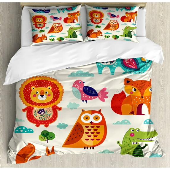 Zoo Duvet Cover Set Queen Size, Funny Animals and Birds with Ethnic Native Ornaments Childish Composition Kids Nursery, Decorative 3 Piece Bedding Set with 2 Pillow Shams, Multicolor, by Ambesonne