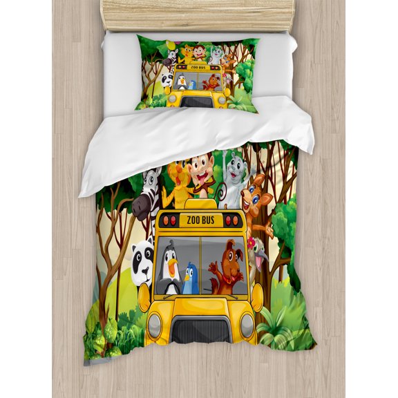 Zoo Duvet Cover Set Twin Size, Animals with Balloons Riding on a Zoo Bus Travel Road Journey in Wilderness Scenery, Decorative 2 Piece Bedding Set with 1 Pillow Sham, Multicolor, by Ambesonne