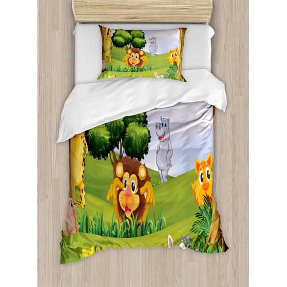 Zoo Duvet Cover Set Twin Size, Animals in the Forest Cartoon Illustration African Safari Jungle Ecosystem Greenery, Decorative 2 Piece Bedding Set with 1 Pillow Sham, Multicolor, by Ambesonne