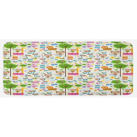 Zoo Kitchen Mat, Happy Friendly Jungle Animals Giraffe Monkey and Butterfly Trees Flowers Zoo Nature, Plush Decorative Kitchen Mat with Non Slip Backing, 47" X 19", Multicolor, by Ambesonne