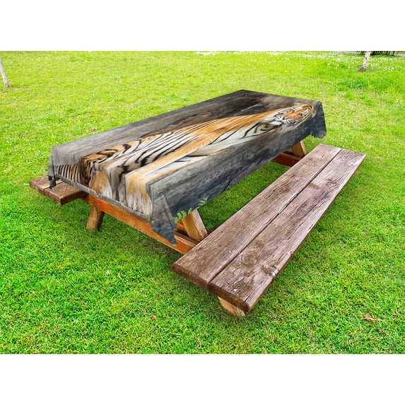Zoo Outdoor Tablecloth, Bengal Tiger Feline Predator Aggressive Hunter Carnivore Africa Safari, Decorative Washable Fabric Picnic Table Cloth, 58 X 84 Inches,Pale Brown Black White, by Ambesonne