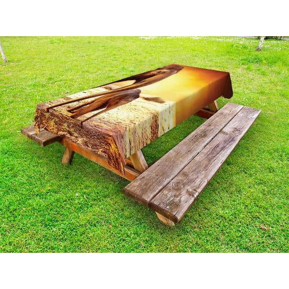 Zoo Outdoor Tablecloth, Mother And Baby Elephant Family in Kenya Safari Landscape Environment, Decorative Washable Fabric Picnic Tablecloth, 58 X 104 Inches, Orange Yellow Dark Orange, by Ambesonne