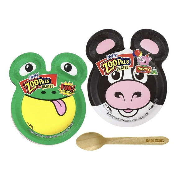 Zoo Pal Plates, 15 Count (Pack of 2) Bundle with Hefty Disposable Animal Zoo Pals Paper Plates - Animal Plates for Dinner, Snacks, and Crafts with Eco Friendly Biodegradable Wooden Spoon by Daily Gemz