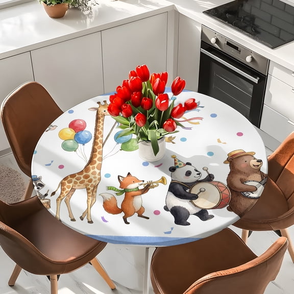 Zoo Panda Giraffe Brown Bear Round Fitted Tablecloth with Elastic Edge,Waterproof Table Cloth Fits Tables Up to 36"-44",Wipeable Table Cover for Indoor Outdoor Dinning Party,Colorful Striped Balloon