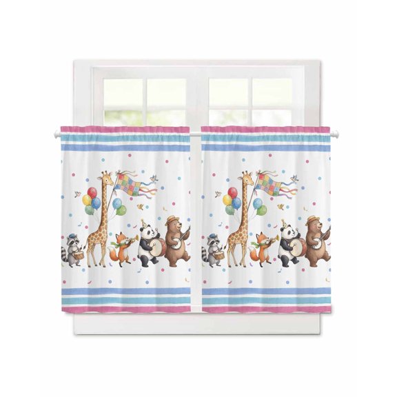 Zoo Panda Giraffe Brown Bear Short Blackout Curtains 45 Inch Long,Colorful Striped Balloon Rod Pocket Kitchen Curtains,2 Panels Thermal Insulated Room Darkening Drapes for Bedroom,30"W x 45"L