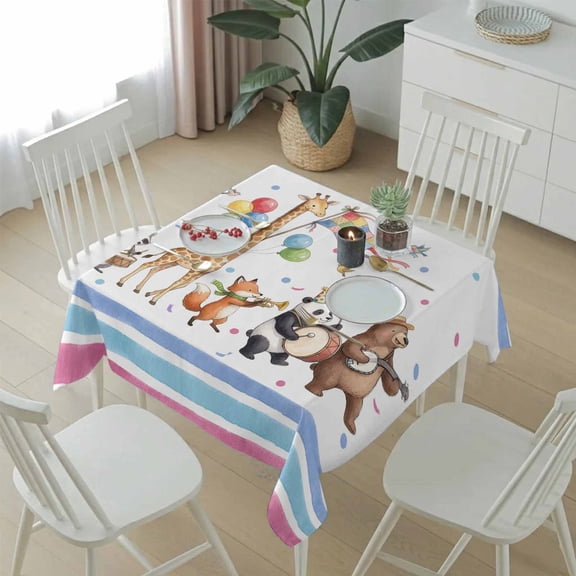 Zoo Panda Giraffe Brown Bear Table Cloth 54x54in, Waterproof Square Tablecloth Wipeable Tablecloths Colorful Striped Balloon Table Covers for Dining Tables Party Indoor Outdoor