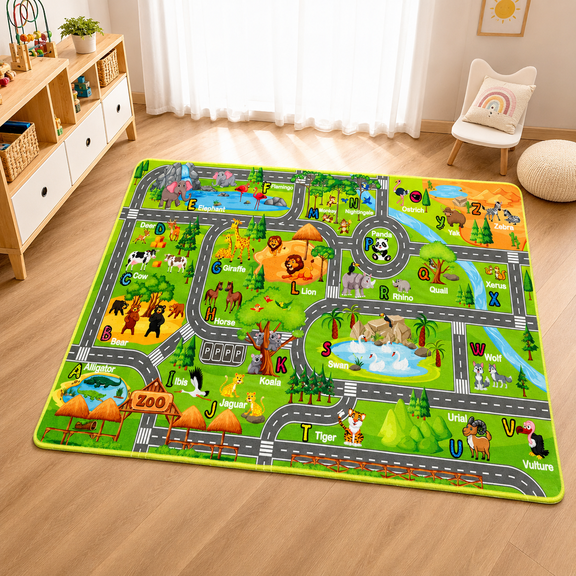 Zoo Road Kids Rug, 3'x5' ABC Animal Alphabet Learning Play Mat for Toddlers, Educational Car Track Carpet for Boys Girls Playroom Nursery Bedroom