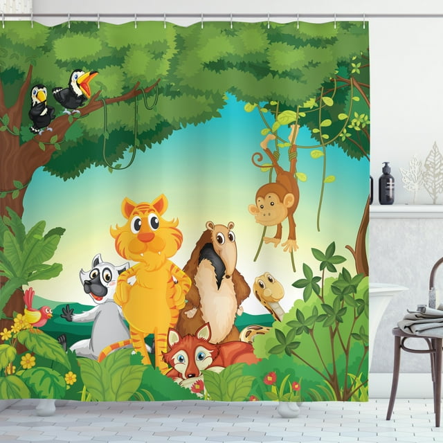 Zoo Shower Curtain, Forest Scene with Different Animals Habitat Jungle