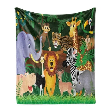 Zoo Soft Flannel Fleece Blanket, Animals in the Jungle Funny Expressions Exotic Comic Cheer Natural Habitat Illustration, Cozy Plush for Indoor and Outdoor Use, 70" x 90", Multicolor, by Ambesonne