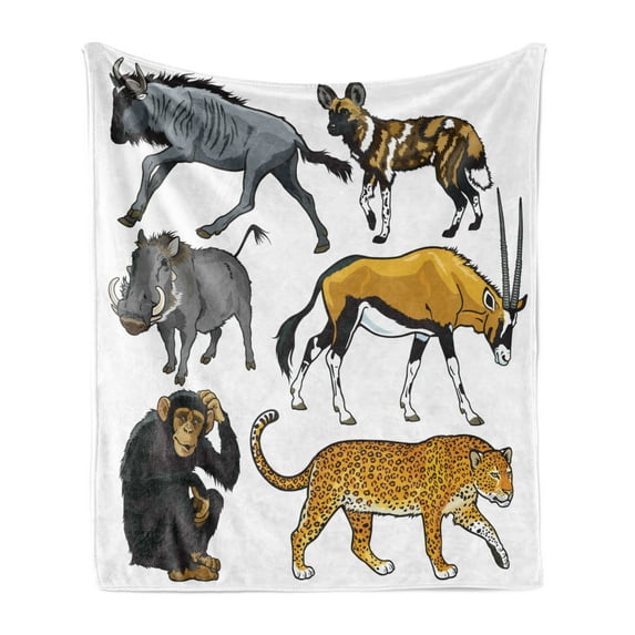 Zoo Soft Flannel Fleece Blanket, Arrangement of Cartoon Style Wild Animals of Africa Fauna Habitat Savannah Wilderness, Cozy Plush for Indoor and Outdoor Use, 50" x 70", Multicolor, by Ambesonne