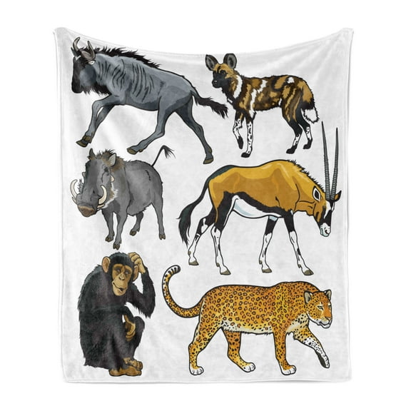 Zoo Soft Flannel Fleece Blanket, Arrangement of Cartoon Style Wild Animals of Africa Fauna Habitat Savannah Wilderness, Cozy Plush for Indoor and Outdoor Use, 60" x 80", Multicolor, by Ambesonne