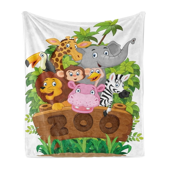 Zoo Soft Flannel Fleece Blanket, Cartoon Style Pattern of Several Happy Animals of Zoo Fresh Plants Grass Trees Cheerful, Cozy Plush for Indoor and Outdoor Use, 50" x 60", Multicolor, by Ambesonne