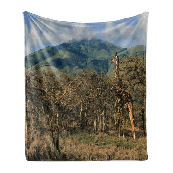 Zoo Soft Flannel Fleece Blanket, Giraffe Among Trees Prickly Plant Grazing Mountain Africa Safari Savanna, Cozy Plush for Indoor and Outdoor Use, 60" x 80", Pale Brown Green and Blue, by Ambesonne