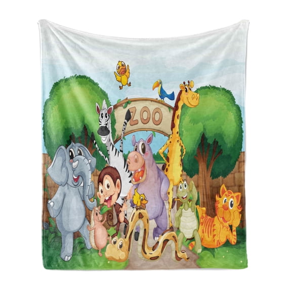 Zoo Soft Flannel Fleece Throw Blanket, Zoo and the Animals in Nature Welcoming Playful Outdoors Forest Landscape, Cozy Plush for Indoor and Outdoor Use, 60" x 80", Multicolor, by Ambesonne