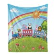 thumbnail image 1 of Zoo Soft Flannel Fleece Throw Blanket, Colorful Cartoon Animal Train Rainbow Sun Sky Mushrooms Flowers Tree Playful Funny, Cozy Plush for Indoor and Outdoor Use, 70" x 90", Multicolor, by Ambesonne, 1 of 5