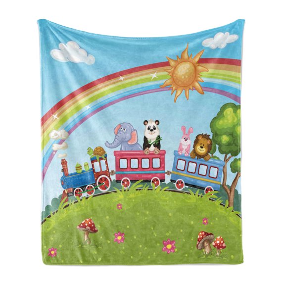 Zoo Soft Flannel Fleece Throw Blanket, Colorful Cartoon Animal Train Rainbow Sun Sky Mushrooms Flowers Tree Playful Funny, Cozy Plush for Indoor and Outdoor Use, 50" x 70", Multicolor, by Ambesonne