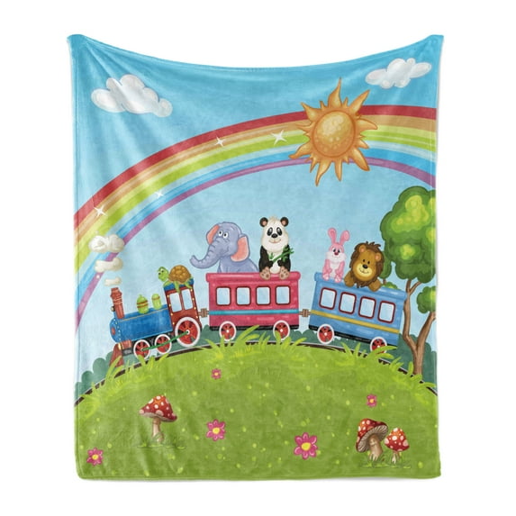 Zoo Soft Flannel Fleece Throw Blanket, Colorful Cartoon Animal Train Rainbow Sun Sky Mushrooms Flowers Tree Playful Funny, Cozy Plush for Indoor and Outdoor Use, 50" x 60", Multicolor, by Ambesonne