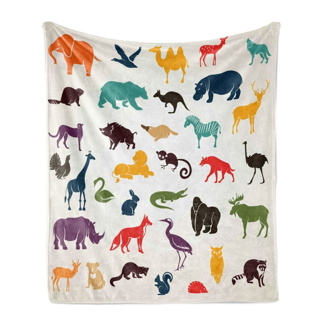Zoo Soft Flannel Fleece Throw Blanket, European Animal Silhouettes in Cartoon Style Safari Wildlife Zoo Theme, Cozy Plush for Indoor and Outdoor Use, 50" x 70", Multicolor, by Ambesonne