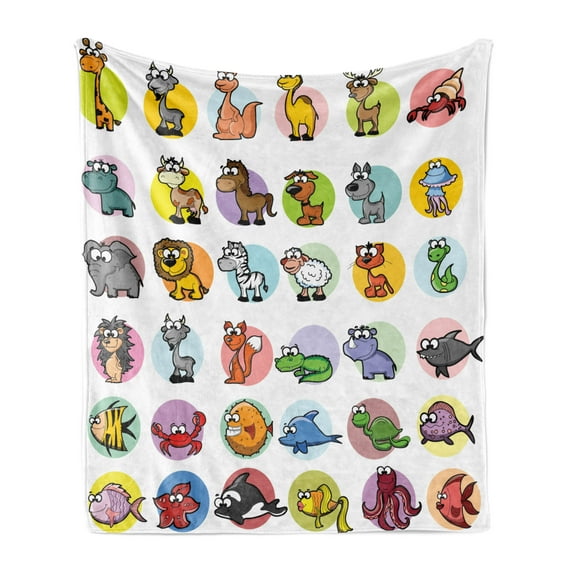 Zoo Soft Flannel Fleece Throw Blanket, Funny Cartoon Style Animals Set Colorful Dots Doodle Jungle Life Kids Room Design, Cozy Plush for Indoor and Outdoor Use, 60" x 80", Multicolor, by Ambesonne
