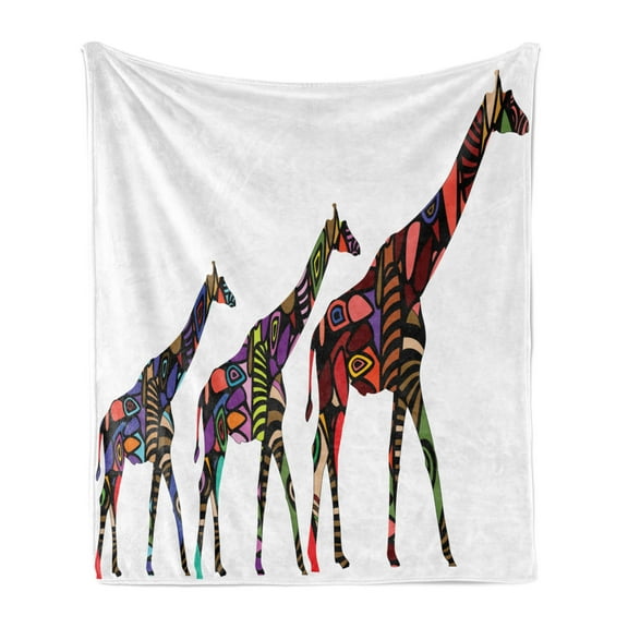 Zoo Soft Flannel Fleece Throw Blanket, Giraffes in Style Eastern Environment Retro Cultural Traditional Artwork, Cozy Plush for Indoor and Outdoor Use, 50" x 60", Multicolor, by Ambesonne