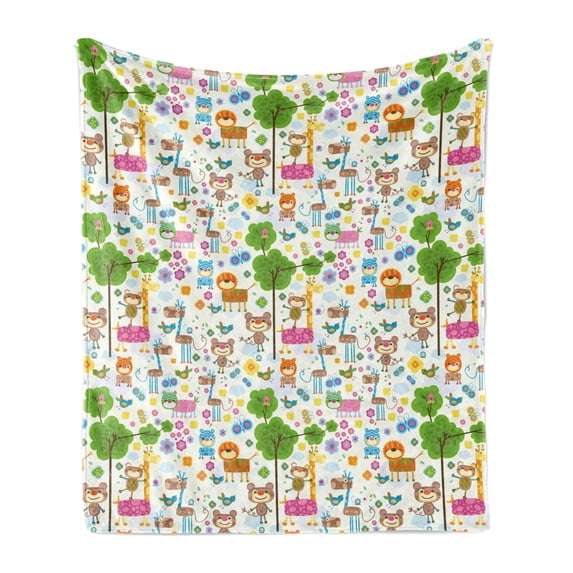 Zoo Soft Flannel Fleece Throw Blanket, Happy Friendly Jungle Animals Giraffe Monkey and Butterfly Trees Flowers Zoo Nature, Cozy Plush for Indoor and Outdoor Use, 70" x 90", Multicolor, by Ambesonne