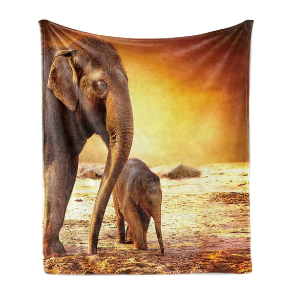 Zoo Soft Flannel Fleece Throw Blanket, Mother and Baby Family in Kenya Safari Landscape Environment, Cozy Plush for Indoor and Outdoor Use, 60" x 80", Dark Orange Orange, by Ambesonne