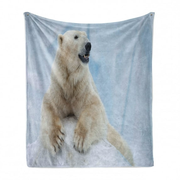 Zoo Soft Flannel Fleece Throw Blanket, Portrait of Large White Polar Bear on Ice Claws Antarctica North Outdoors, Cozy Plush for Indoor and Outdoor Use, 50" x 60", Pale Blue Cream White, by Ambesonne