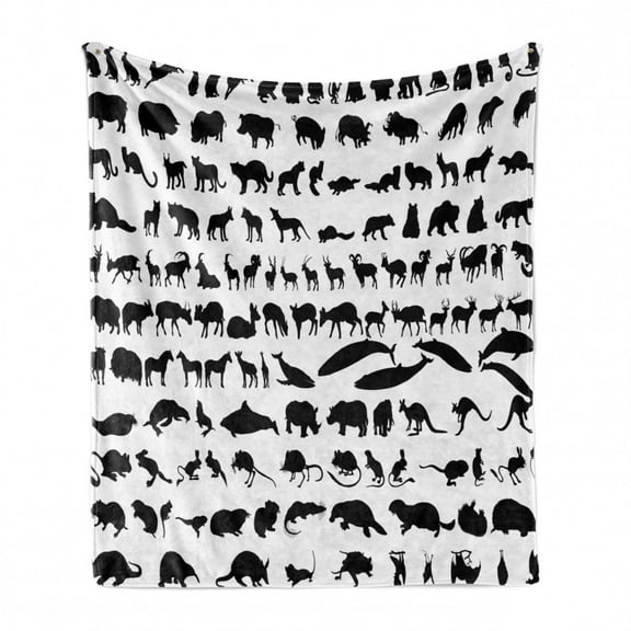 Zoo Soft Flannel Fleece Throw Blanket, Silhouettes of Animals Wildlife Nature Mammals Monochrome Style Fauna Print, Cozy Plush for Indoor and Outdoor Use, 50" x 60", Black White, by Ambesonne