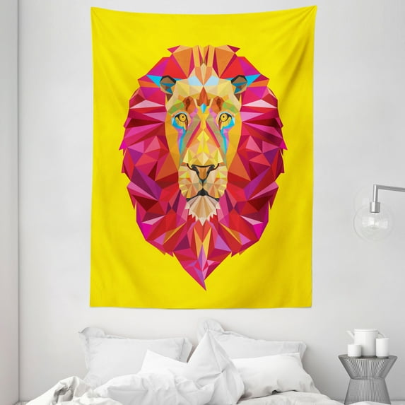 Zoo Tapestry, Colorful African Animals Geometric Diamond Face Lions Mane Safari Wildlife Theme Image, Wall Hanging for Bedroom Living Room Dorm Decor, 60W X 80L Inches, Multicolor, by Ambesonne