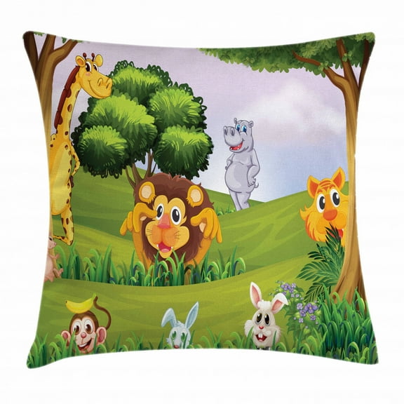 Zoo Throw Pillow Cushion Cover, Animals in the Forest Cartoon Illustration African Safari Jungle Ecosystem Greenery, Decorative Square Accent Pillow Case, 24 X 24 Inches, Multicolor, by Ambesonne