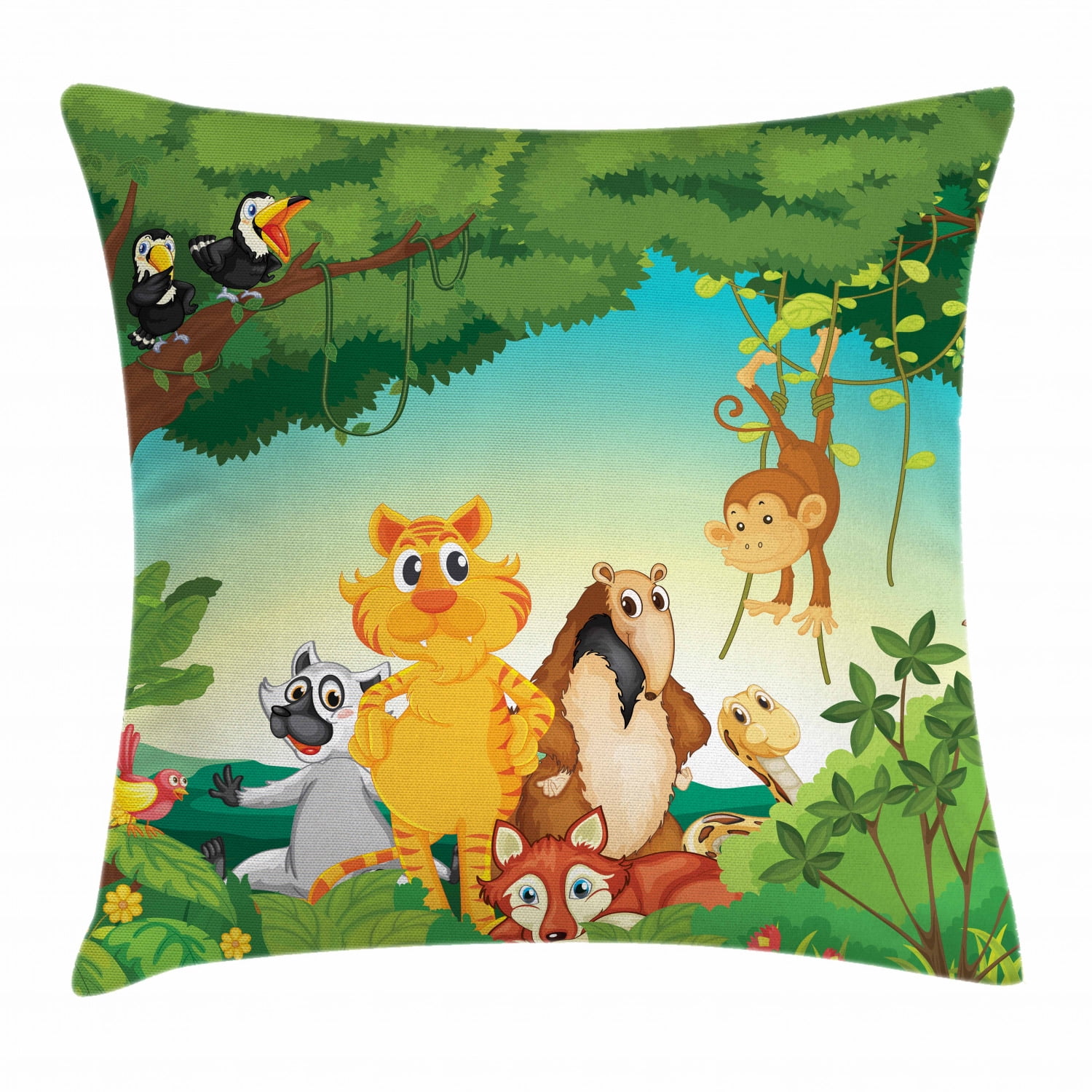 Zoo Throw Pillow Cushion Cover, Forest Scene with Different Animals