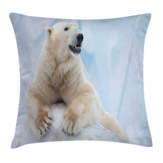 Zoo Throw Pillow Cushion Cover, Portrait of Large White Polar Bear on Ice Claws Antarctica North Outdoors, Decorative Square Accent Pillow Case, 18 X 18 Inches, Light Blue Cream White, by Ambesonne