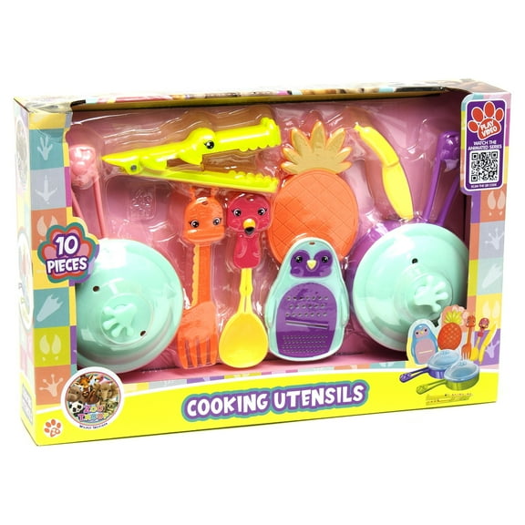 Zoo Troop: Cooking Utensils - 10pc Animal Themed Kitchen Playset, Pots/Lids, Fork, Spoon, Tongs, Grater, Cutting Board & Knife, Toy Set, Kids Ages 2+